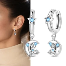 PANDACH 925 Sterling Silver Moon & Star Drop Earrings For Women Birthday Gifts