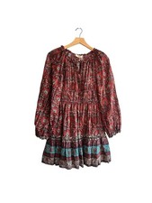 ULLA JOHNSON Val Gathered Printed Cotton-blend Mini Dress Burgundy,  NWT