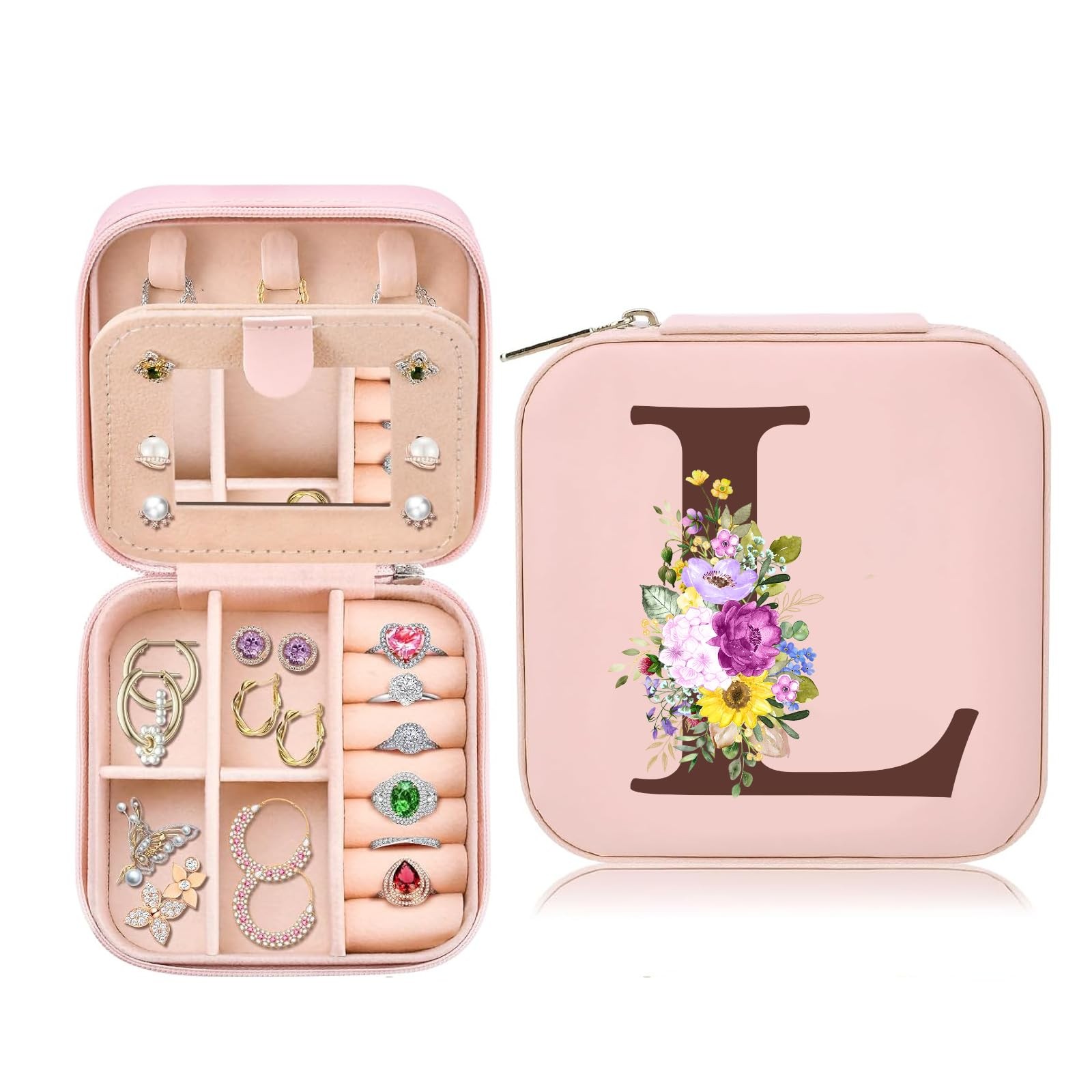 Boîte à bijoux personnalisée initiale L compacte avec miroir intégré