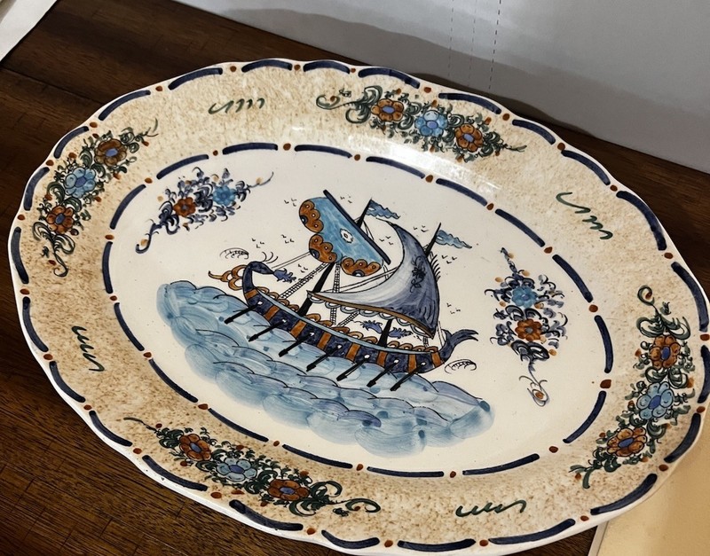 Greek ceramic platter featuring a hand-painted nautical scene.