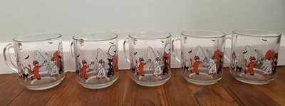 Lot of 5 Vintage Halloween Mug Luminarc Glass Cups Clear Trick-Or-Treat Parade