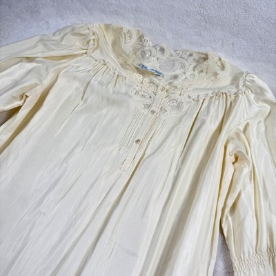 Eve Stillman Couture Ivory Satin Lace Trim Nightgown Long Sleeve Ruffle  L1287