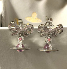 Vivienne Westwood Drop Ribbon Orb Earrings Silver Pink Jewelry with drawstring