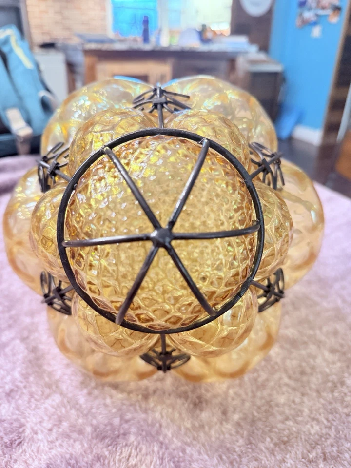 Seguso Murano Amber & Smokey Caged Glass Lantern Pair — Hand-Blown Italy - Image 3 of 4