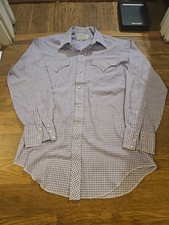 VTG 80s H Bar C Shirt Mens 15.5x33 Purple Plaid Pearl Snap Western Made in USA