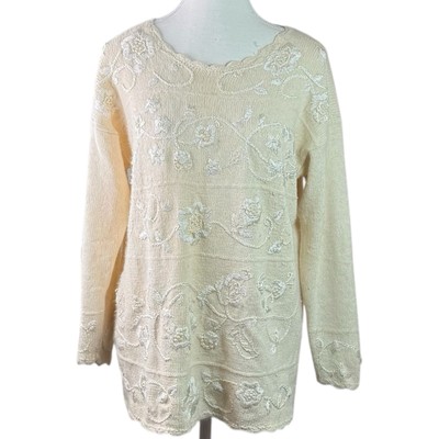 David Hollis Vintage Angora Silk Floral Embroidered Knit Sweater Small Cream