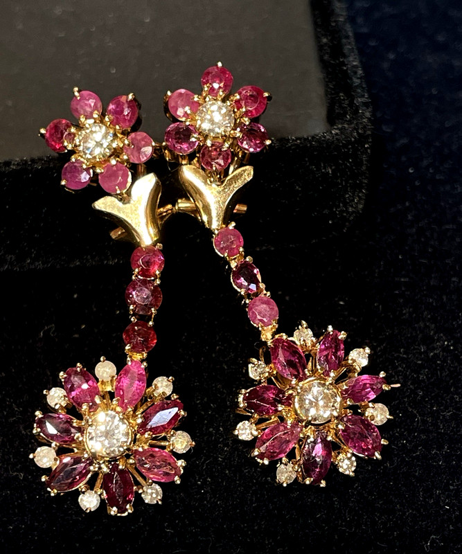 17-18K GOLD RUBY  DIAMOND DROP EARRINGS APPRAISAL $5,800.00 16 GRAMS 1 3/4' LONG