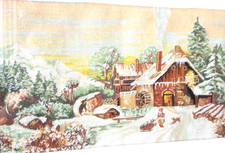 FINISHED NEEDLEPOINT CANVAS CHRISTMAS WINTER CABIN SCENE 12x8 inches UNIQUE