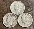 Three 1929 .  1936  , and 1942 P Mercury Silver Dimes Fine / Very Fine