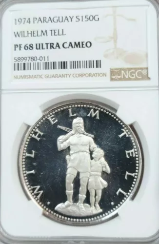 1974 PARAGUAY SILVER 150 GUARANIES WILHELM TELL NGC PF 68 ULTRA CAMEO TOP POP