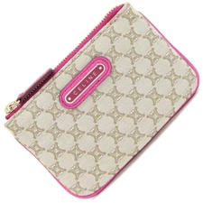 Celine Coin Case Beige Metallic Pink Canvas Leather Used Coin Purse Key Ring