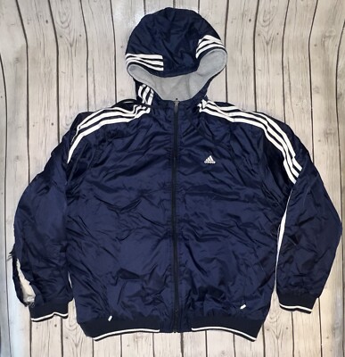 Vintage Adidas Jacket Men Large Navy Gray Logo Hooded Heavy