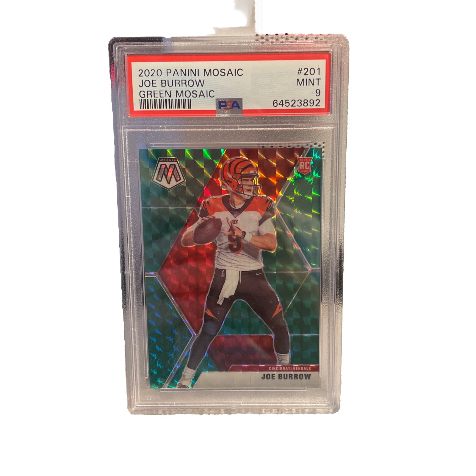 2020 Panini Mosaic Joe Burrow Choice Mosaic Red and Green Prizm RC #201 PSA 9