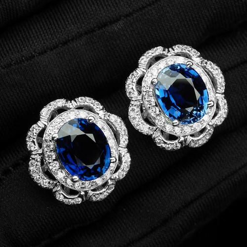 Floral Setting Royal Blue Sapphire 8.14Ct 925 Sterling Silver Handmade Earrings - Picture 3 of 5