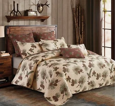 FOREST PINES 3 pc KING QUILT SET LODGE CABIN BROWN PINE TREE CONE WREATH