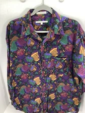 Perry Ellis Shirt Men Large Purple AOP Graphic Print Button Long Sleeve VTG 1990