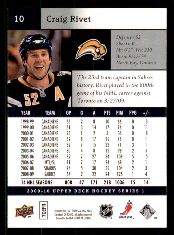 2009-10 Upper Deck #10 Craig Rivet Buffalo Sabres - Image 2 of 2