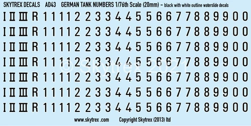 WWII DECALS German Tank Numbers (BLACK) 1/76 - 1/72 - 20mm Scale - AD43