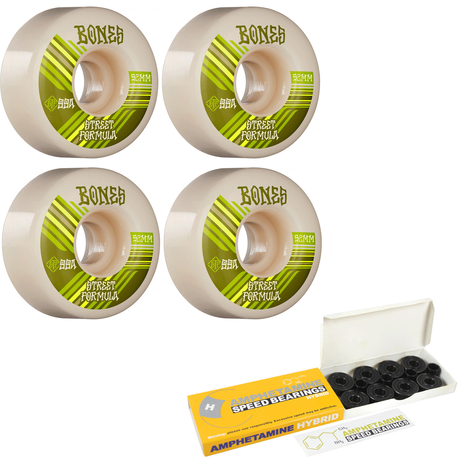 Bones Skateboard Wheels 52mm Retros V4 Wide STF 99A White W/ AMP Bearings
