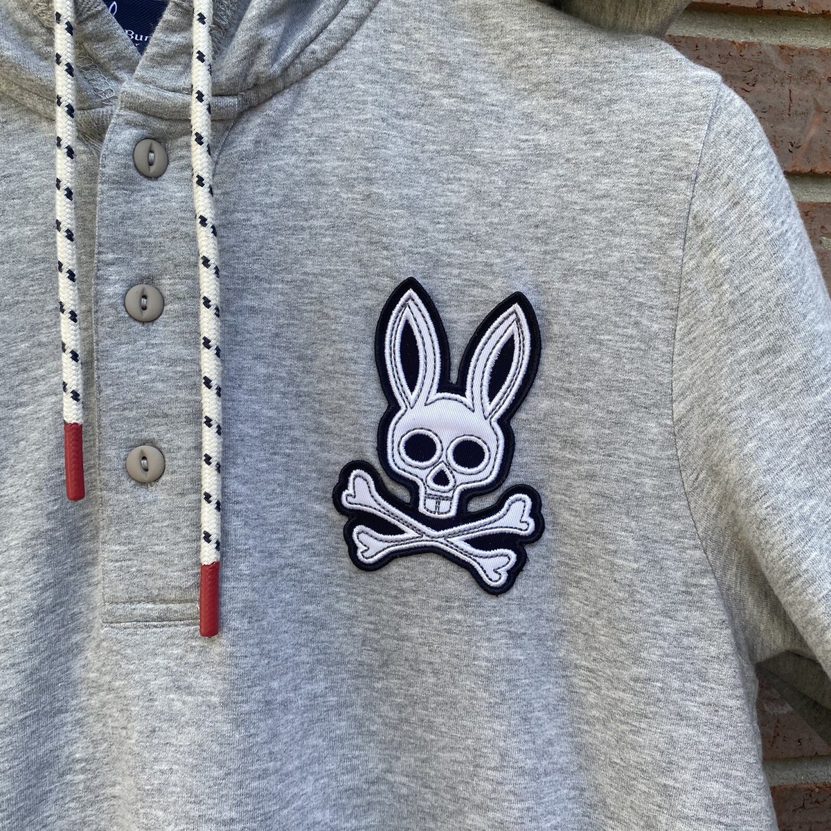 【新品未使用】rabbit Men's Pullover Hoodie Psycho Bunny Henley Button Pullover Hoodie Light Grey Men's