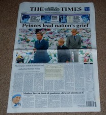 Princess Diana Funeral -6th September 1997 - The Times Newspaper - Original Copy