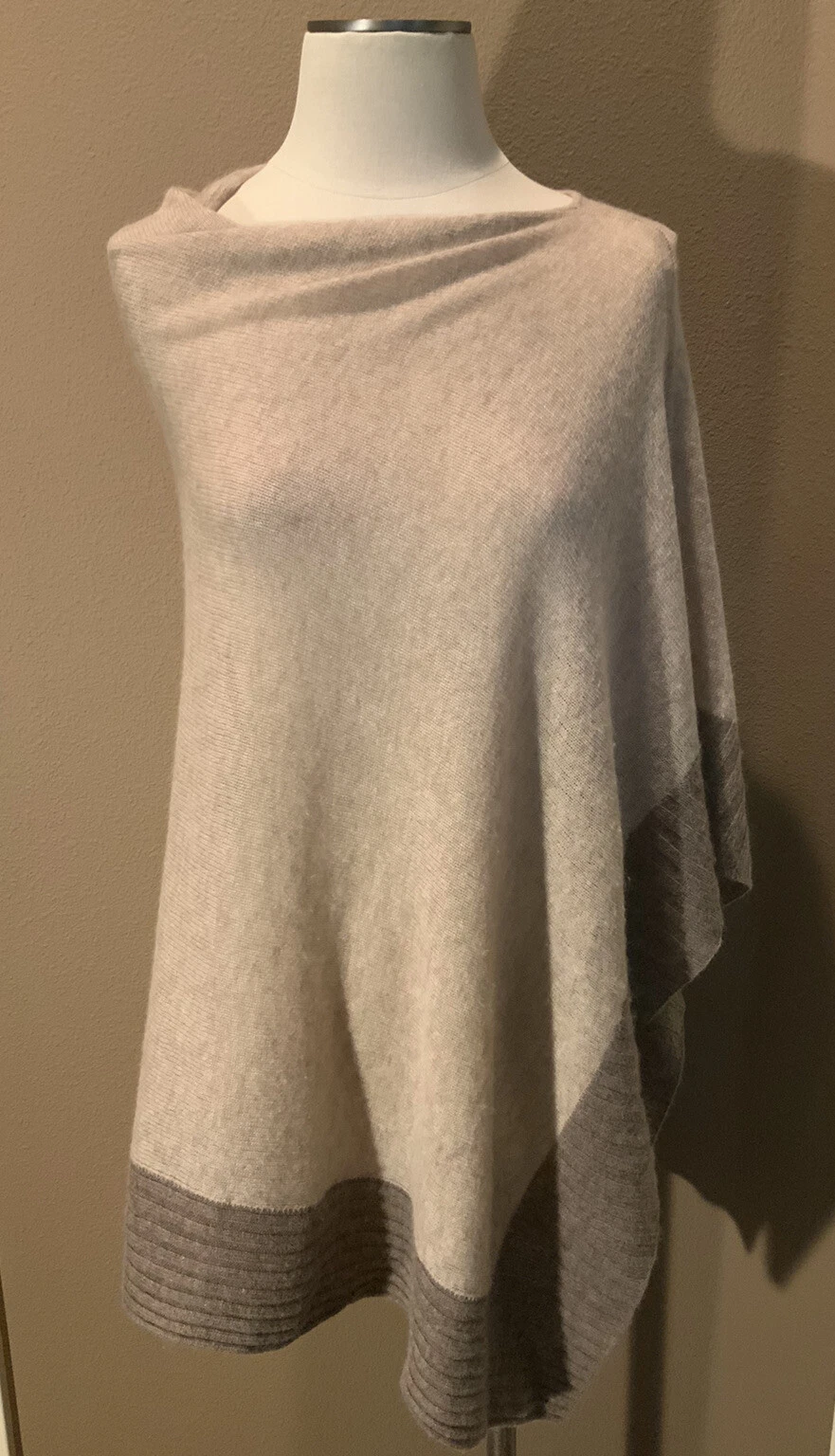 Celeste O/S Wool & Cashmere Tan & Brown Sweater Poncho Wrap Top W Ribbed Trim