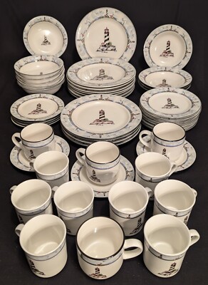Vtg (48) Pcs Totally Today Coastal Lighthouse Nautical Theme Dinnerware Set NICE