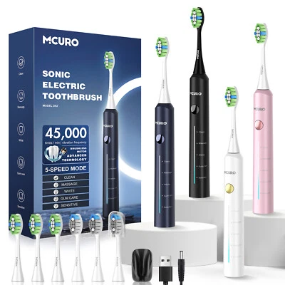 MCURO Elektrische Zahnbürsten Schallzahnbürste 6 Ersatzbürsten 5Modi Timer USB