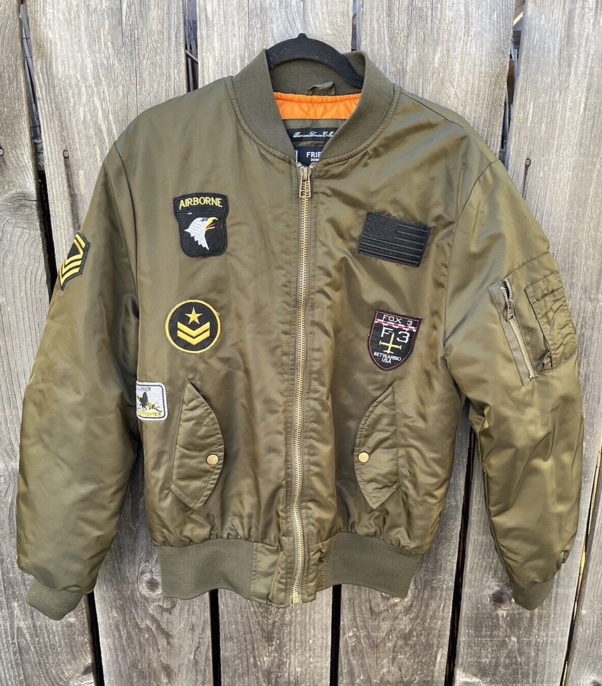 Men's Fried Denim Jacket Green Field Zip L Streetwear Art Military Bomber Modern