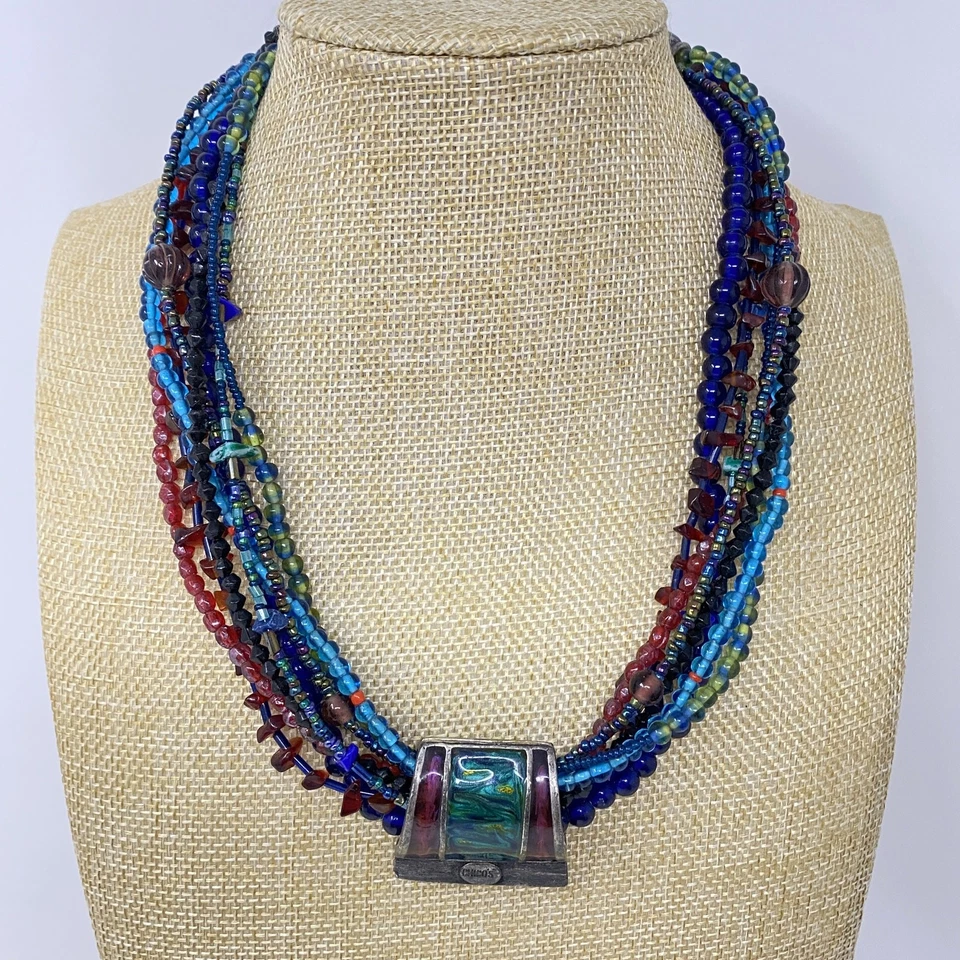 CHICO'S Étnico Boho Multi Encalhado Pingente Vidro Esmalte Azul Colar SilverTone - Imagem 4 de 4