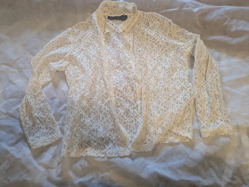 Vintage Impressions Women's Size L White Sheer Lace Button Up Long Sleeve Blouse