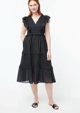 J Crew Ruffle Sleeve Cotton Voile Black Midi Tiered Dress Sz XS AX318