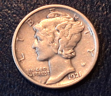 Original Sharp 1921-D 10c Mercury Dime - Rare Key Date Extra Fine/AU Quality