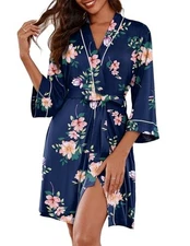 Women Kimono Robes Knee Length Knit Bathrobe Lightweight Soft Sleepwear V-nec...