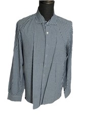 Kenneth Cole Men  s Button Up Dress Shirt Blue White Checked Size XL Fast Ship