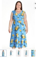 Time And Tru Women Blue Floral Midi Fit Flare Slv-less Dress Large NWT 12119