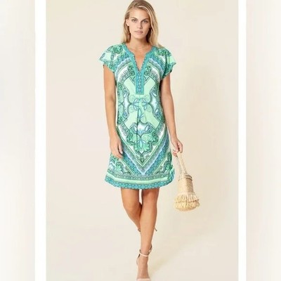 Hale Bob XS Green Blue Print Split Neck Mini Jersey Dress