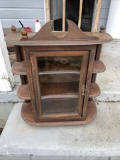 Vintage Curio Display Cabinet Wood Shelves Glass Door Wall Hanging Standing READ