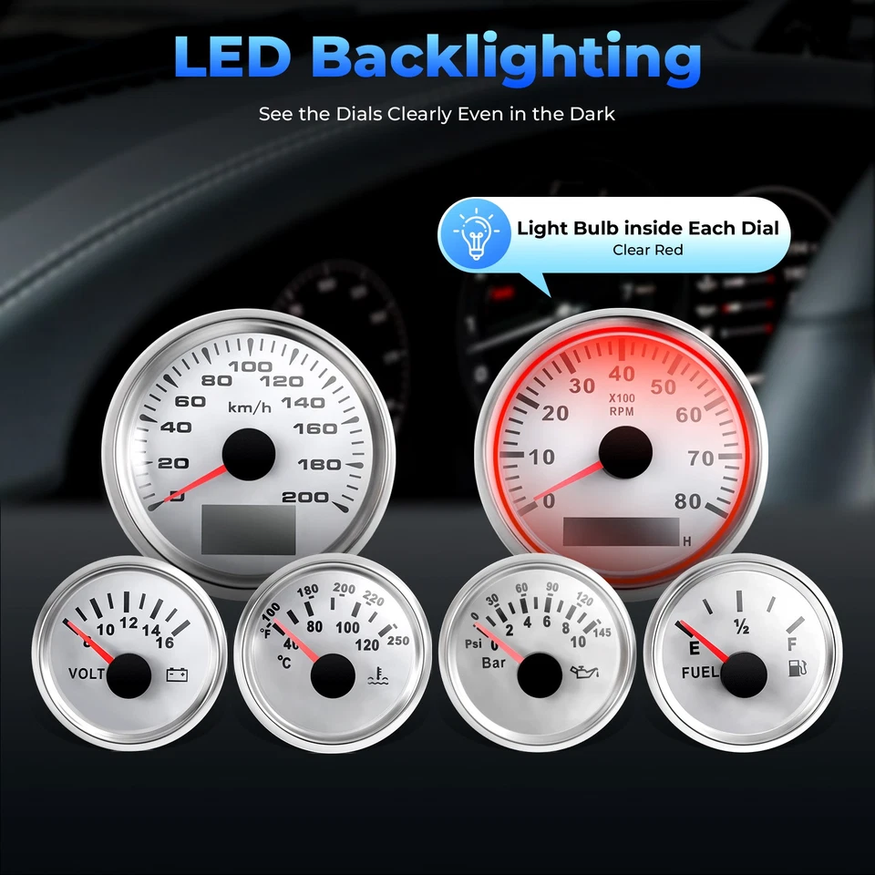 Universal 6 Gauge Kit GPS Speedometer Fit Car Marine Boat Truck Yacht Waterproof - Image 3 of 4