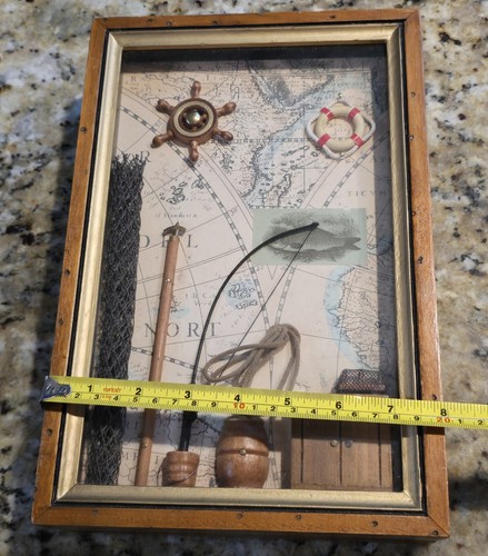 12" x 8" Nautical Key Safe Shadow Box Nautical Ocean Scene Fish Pole Net Helm - Picture 5 of 6
