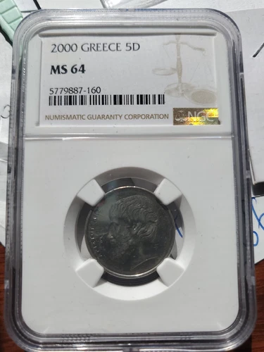 Greece 2000 Five 5 Drachmes , NGC MS 64