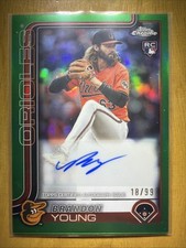 2025 Topps Chrome Baseball Brandon Young Green Rookie Autograph Card #’d /99. rookie card picture