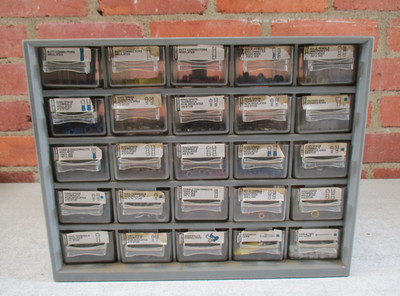 Lot of Small Vintage Electrical Connectors In Organizer Cabinet