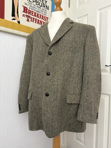 Harris Tweed Men’s Blazer Jacket Elbow Patches Brown Green Herringbone Brown 48 - Picture 1 of 14