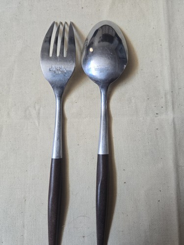 Vintage MCM Interpur Edelstahl Silberbesteck mit Holzgriff 2-teilig 1 Gabel 1 Löffel - Bild 4 von 7