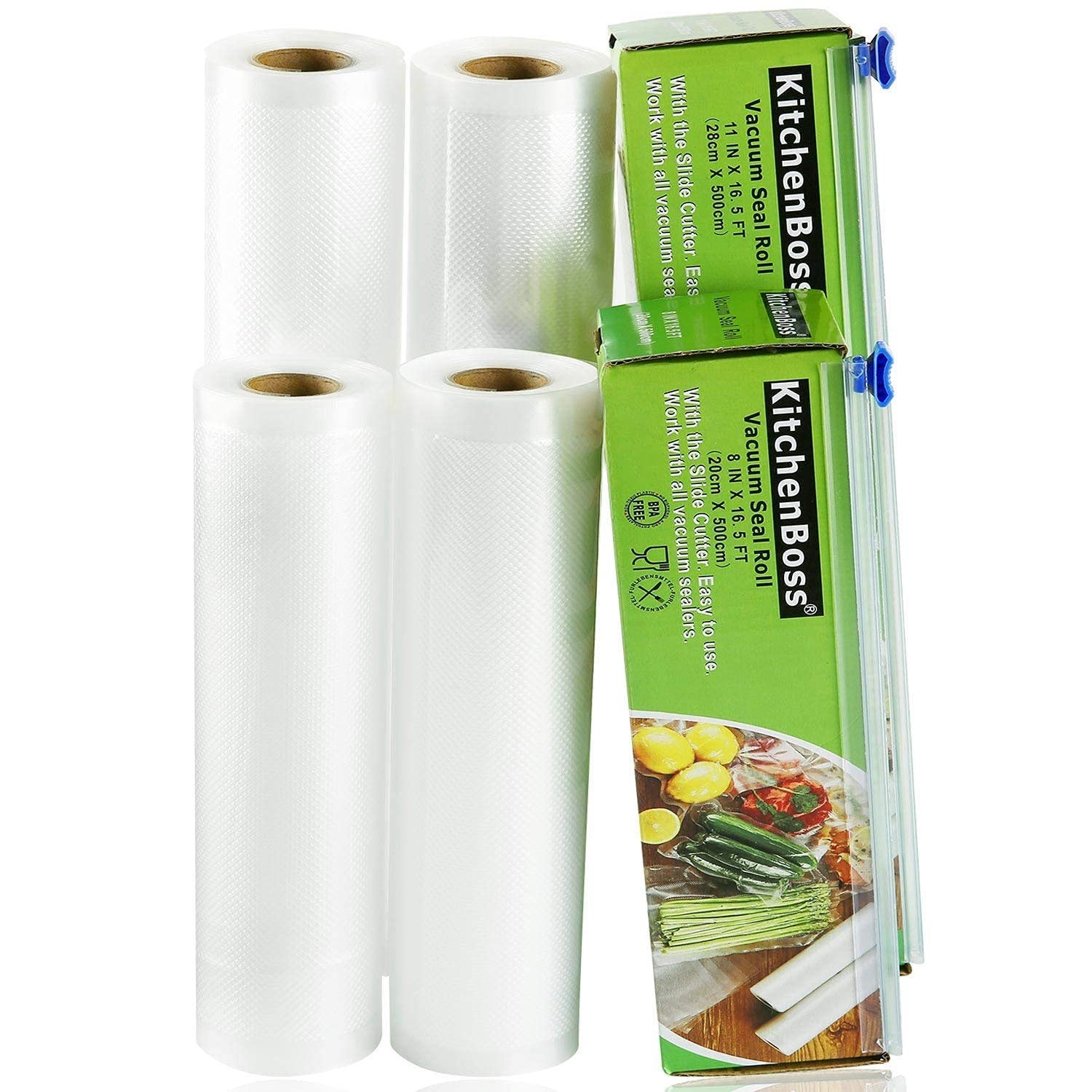 KitchenBoss Sacchetti per il Sottovuoto Alimenti, 4 Rotoli 20x500cm e 28x50 el7q