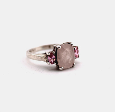 32072 925 Silber romantischer zierlicher rosa Faux Rosenquarz & Saphire Ring Größe Q