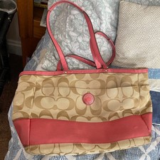 Coach Signature tan tote bag pink stripe with inside pockets. Good condition.