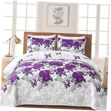 Floral Quilt Set King Size Rose Spring Bedspreads Bedding King 104"x90" Purple