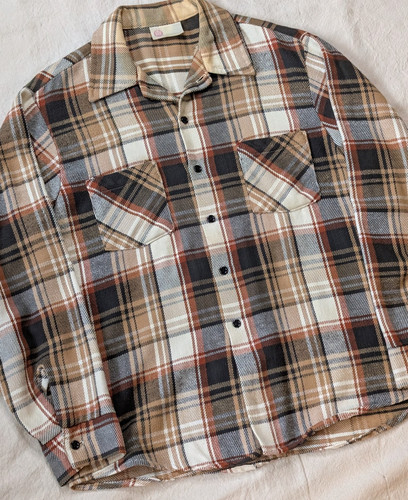 Sears Kings Road Vintage 70s Men's Tan Plaid Cotton Flannel Classic Faded LG
